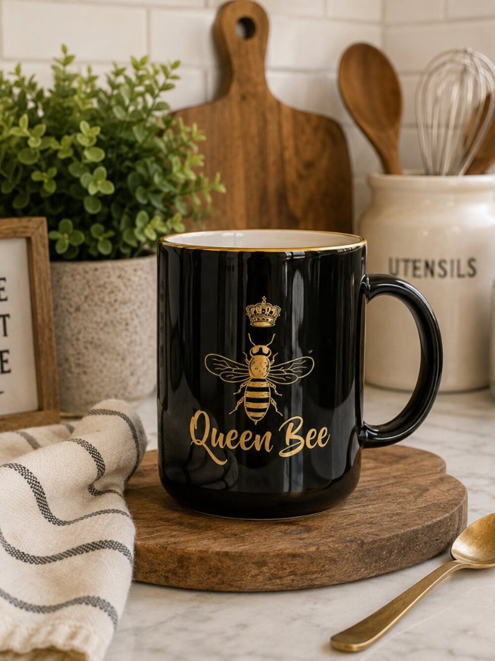 Queen Bee Mug Black Gold Yellow Ceramic Coffee Cup 15 oz Bee Lover Gift NWOT